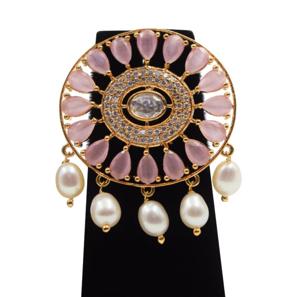 Bold & Beautiful White Pearls Multi-line Choker With Pink Quartz Pendant- earrings