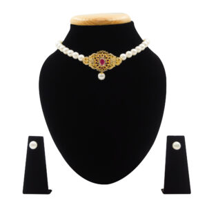 Lovely Pearls Choker With Ornate CZ & SP Ruby Pendant