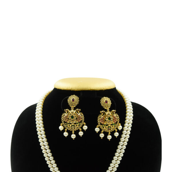 Ethereal White Round Pearl Necklace With Peacock Pendant - earrings