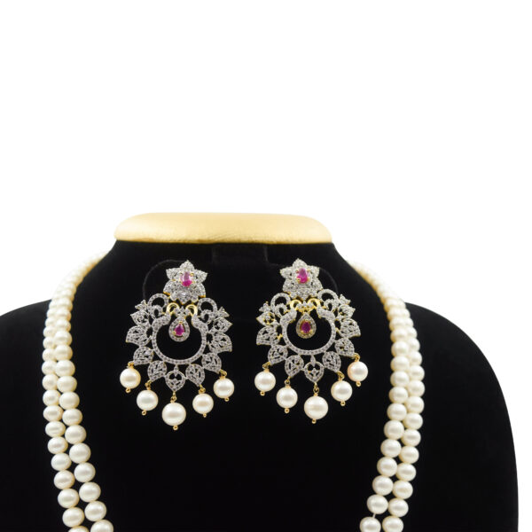 Glamorous Graduated White Pearl Necklace With Royal CZ Pendant - earrings