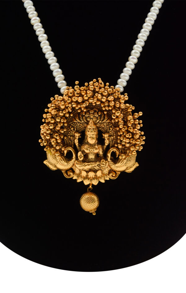 Divine White Pearls Necklace With Golden Matt Lakshmi Pendant-close up