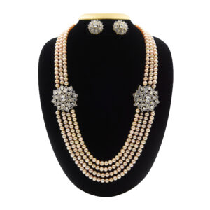 Exquisite Multi-Line Pink Pearls Haar With Sparkling CZ Side Pendants