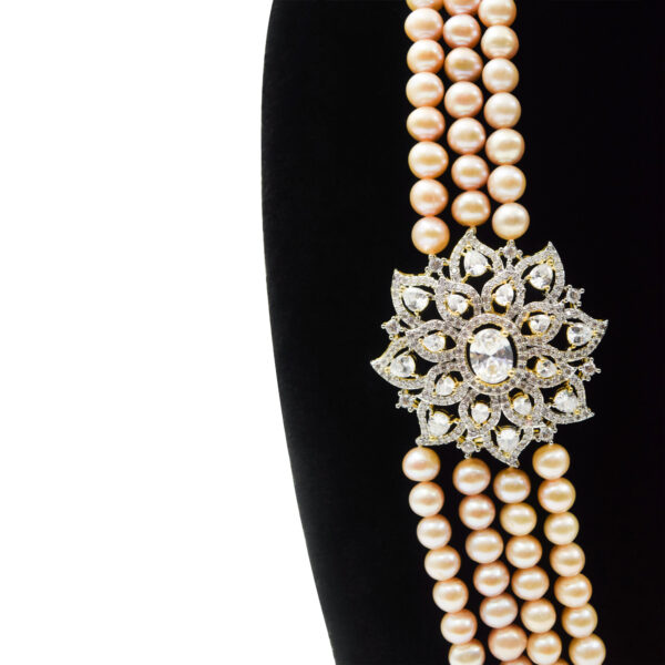 Exquisite Multi-Line Pink Pearls Haar With Sparkling CZ Side Pendants - close up