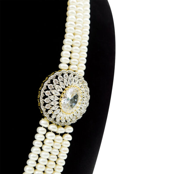 Scintillating Multi-layer Pearls Haar With Grand CZ Side Pendants-L
