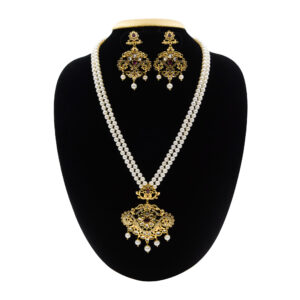 Luxurious Dual Row White Pearl Necklace With Traditional Pendant
