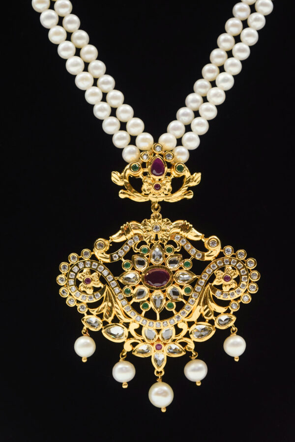 Luxurious Dual Row White Pearl Necklace With Traditional Pendant - close up