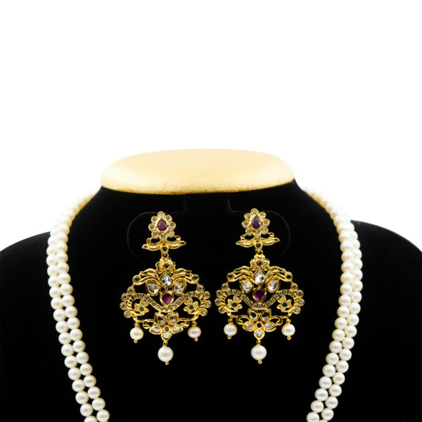 Luxurious Dual Row White Pearl Necklace With Traditional Pendant - earrings