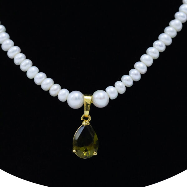 Bright White Semi-round Pearls With Teardrop SP Peridot Pendant -close up