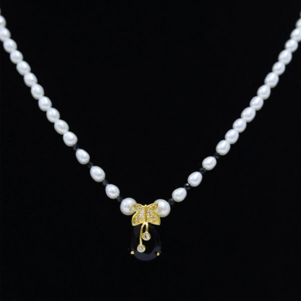 Simple White Pearls With Cute Black Onyx & CZ Butterfly Pendant 1