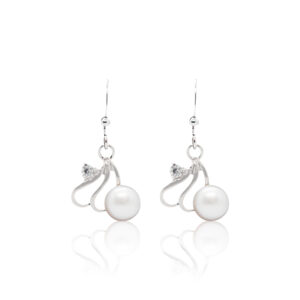 Wavy Hook Earrings Featuring White Button Pearls & CZ
