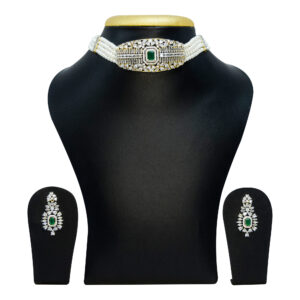 Glamorous Multi-Line White Pearls Choker With SP Emerald Zircon Pendant