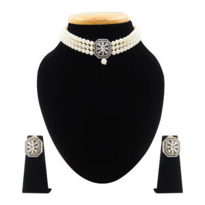 Classic Three Line White Round Pearls Choker With Geometric CZ Pendant