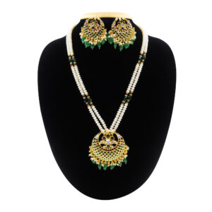 Traditional Double-Line Pearls Haar With SP Emerald Chaand Bali Pendant