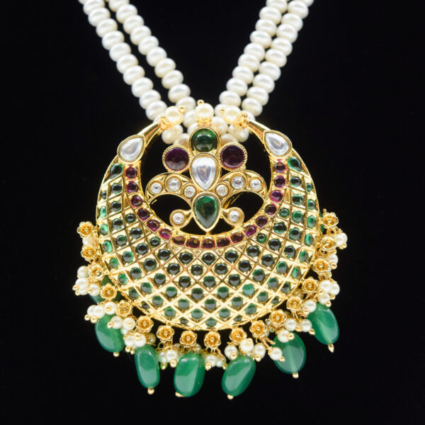 Traditional Double-Line Pearls Haar With SP Emerald Chaand Bali Pendant - close up