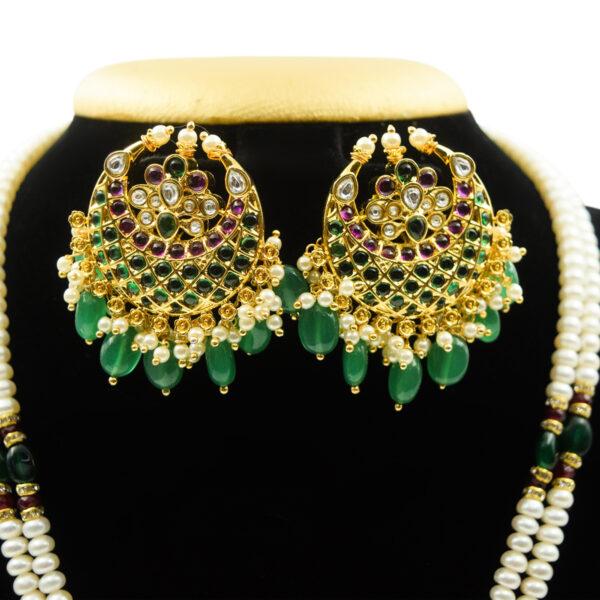 Traditional Double-Line Pearls Haar With SP Emerald Chaand Bali Pendant - Earrings