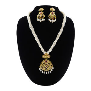 Regal White Rice Pearls Mala With Traditional SP Ruby & CZ Pendant