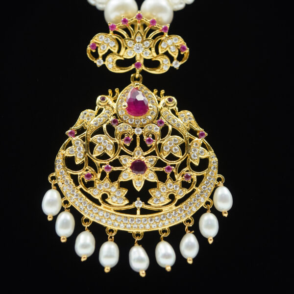 Regal White Rice Pearls Mala With Traditional SP Ruby & CZ Pendant - close up