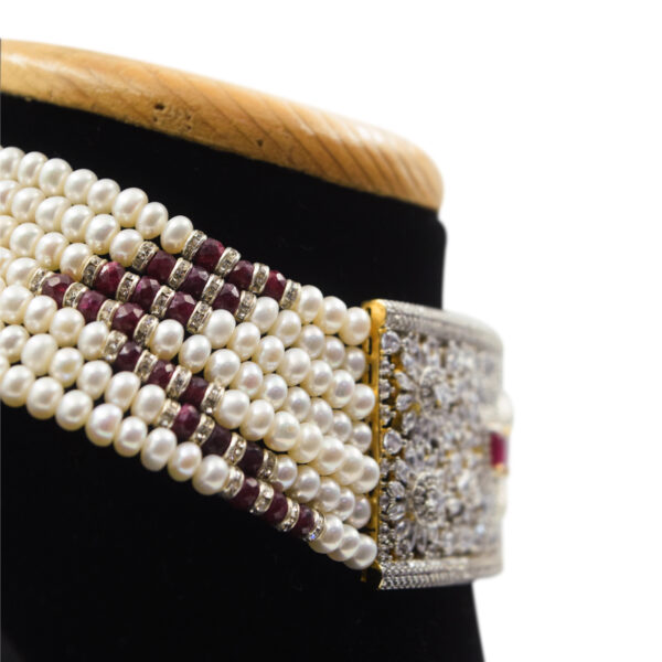 Stellar Multi-Strand White Pearls Choker With Grand CZ & SP Ruby Pendant - close up side