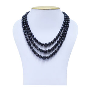 Bold Graduated Black Oval Pearls Three Line 19Inch Long Necklace