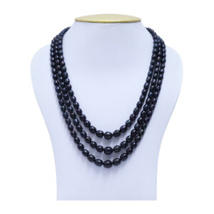 3Line Bold Graduated Black Oval Pearls 21Inch Long Necklace