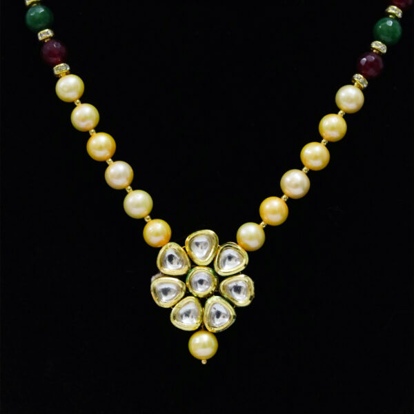 Spectacular Golden Pearls Necklace With Floral Kundan Pendant-close up