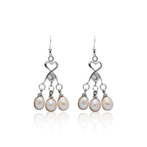 Pretty Hook Earrings Featuring 3 Oval Peach Pearls & CZ