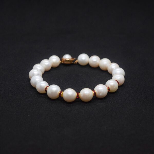 Bold White Round Pearls Bracelet With Red Crystal Spacers