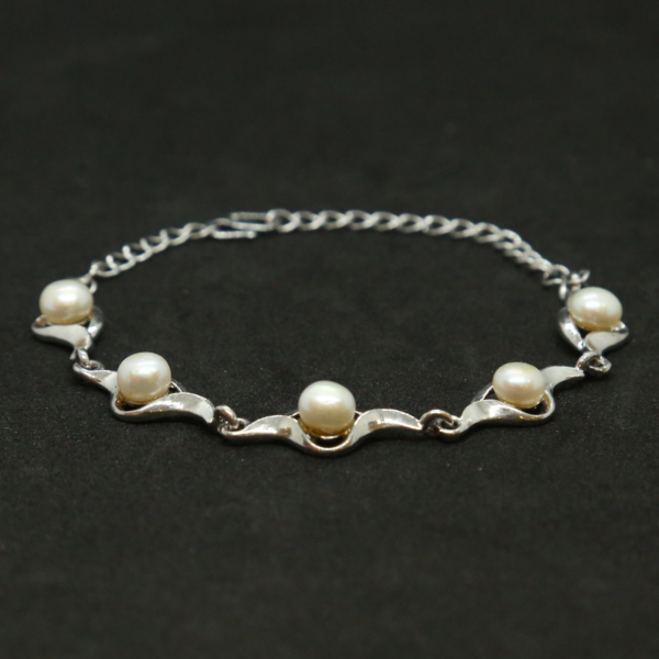 Slender White Button Pearls Bracelet In Silver Finish-1