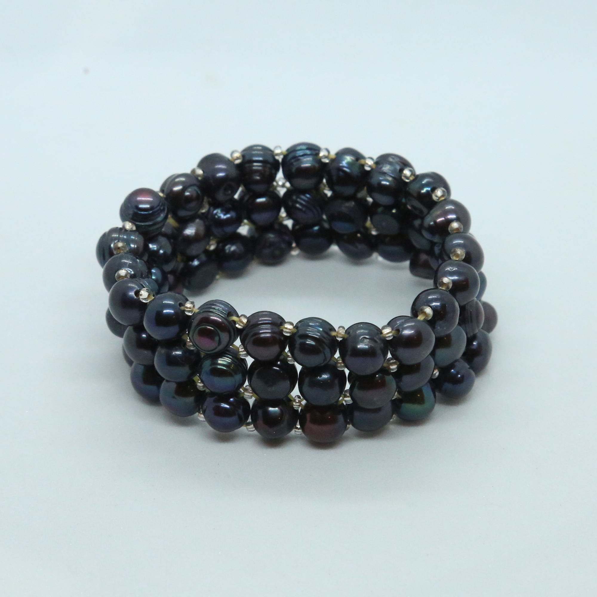 Stretchable 3Line Blue Potato Pearls Bracelet