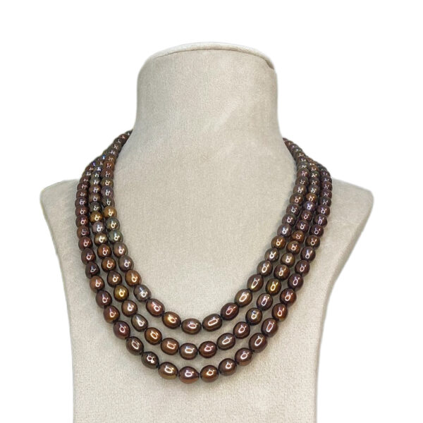 Irresistible 3 Line Chocolate Brown Oval Pearls 20 Inch Long Necklace -close up