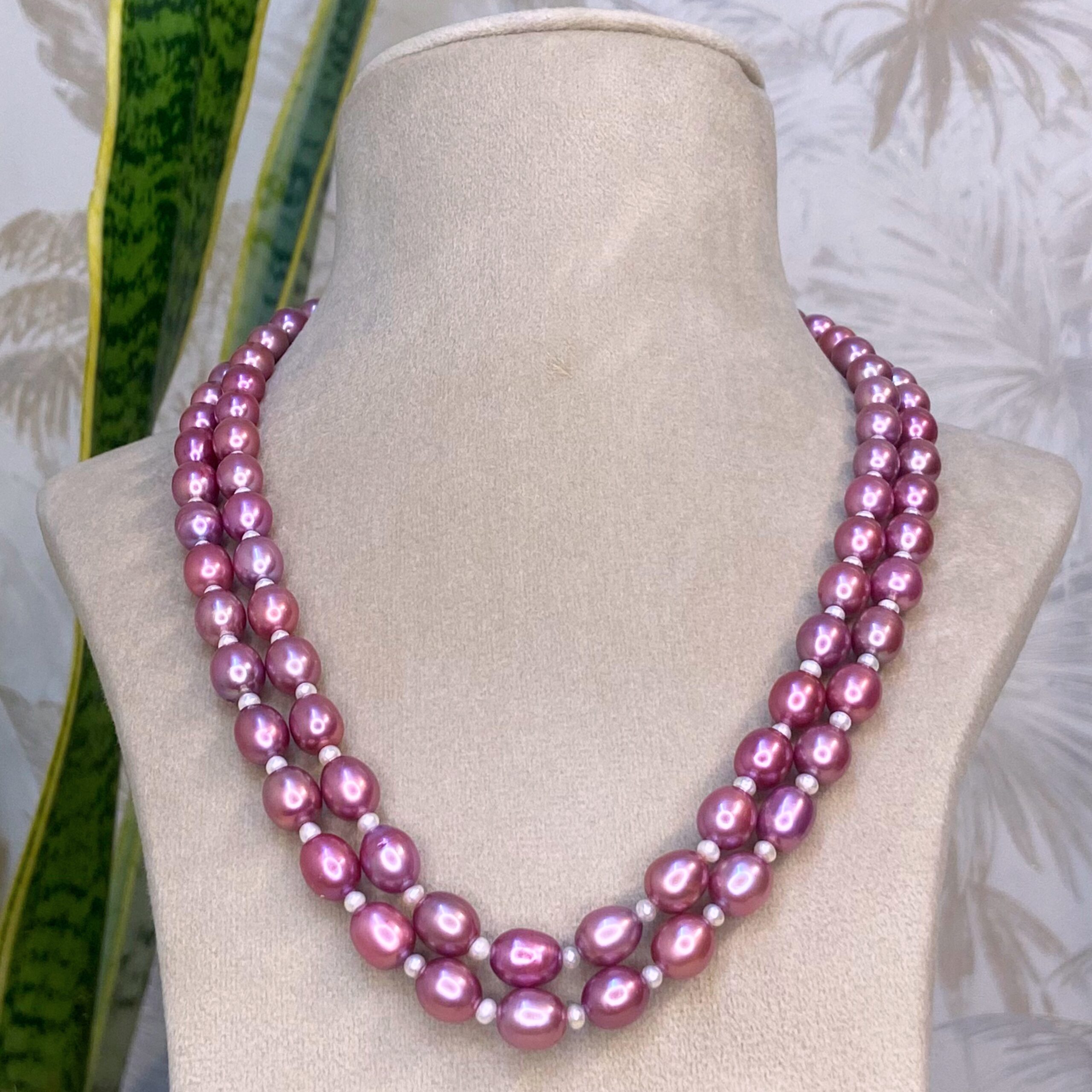 Vibrant 2Line Magenta Pink Pearls 19Inch Necklace With Seed Pearls