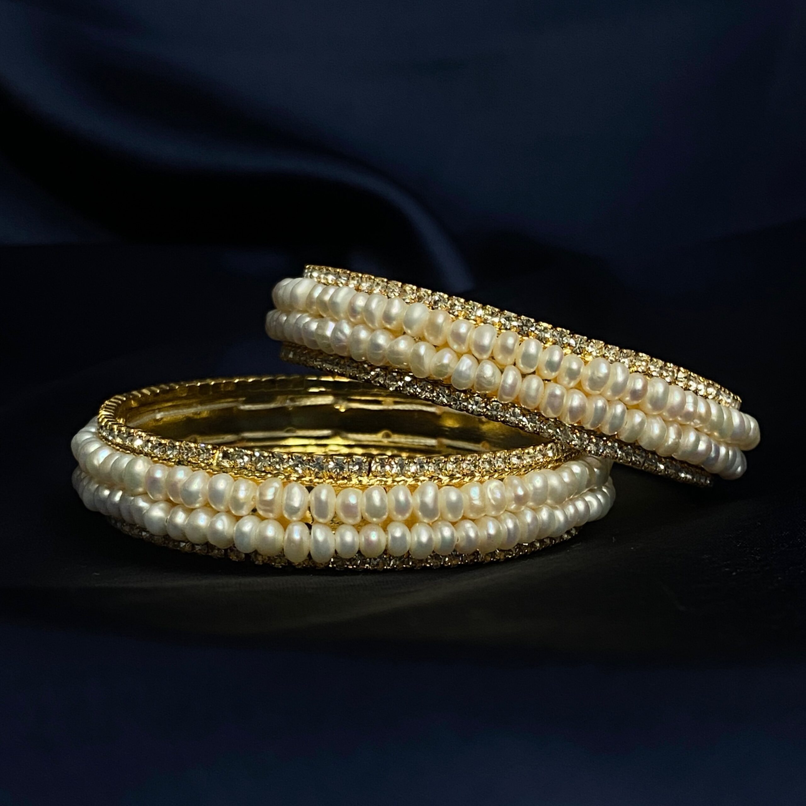 Breathtaking Pearl Bangles With 2.5mm Semi-round White Pearls & ADs