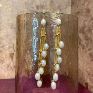 Cascading Long Earrings Featuring White Oval Pearls & CZ Stud