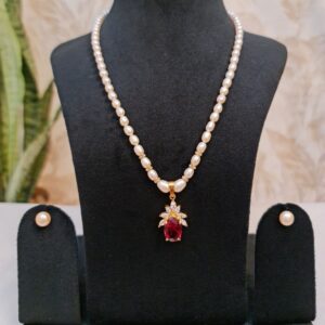 Radiant Peach Oval Pearl Necklace With A Bright SP Ruby & CZ Pendant-3