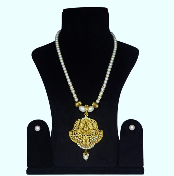 Traditional White Round Pearls Necklace With Goddess Lakshmi Pendant