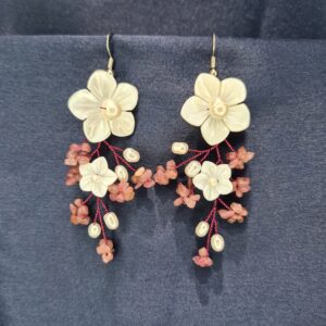Dainty Pearl Earrings Featuring Mother Of Pearl Flowers & Ruby Pink Crystals