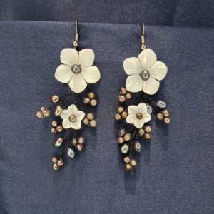 Stark Grey Pearl Hook Earrings Featuring Mother Of Pearl Flowers