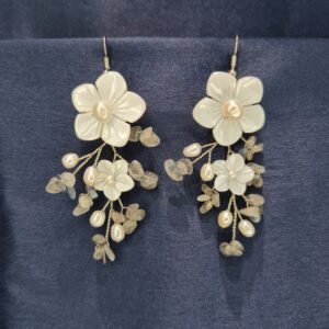 Lovely Pearl Earrings Featuring Mother Of Pearl Flowers & Grey Quartz