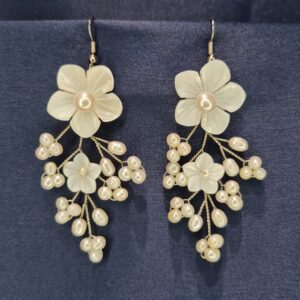 Delicate White Pearl Hook Earrings Featuring Mother Of Pearl Flowers