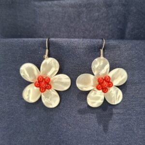 Cute Flower Earrings Featuring White Mother Of Pearl Petals & Corals