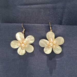 Pretty Flower Earrings Featuring White Mother Of Pearl Petals & Peach Pearls