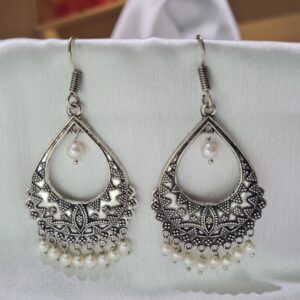 Tribal Oxidised Hook Earrings Featuring Round White Pearl Droplets