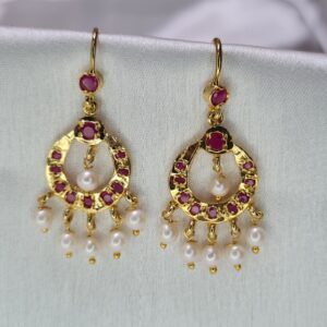 Graceful Mini Chandbali Earrings Featuring SP Rubies & White Pearl Droplets