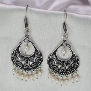 Ethnic Oxidised Hook Earrings Featuring Round White Pearl Droplets