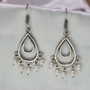 Sweet Oxidised Hook Earrings Featuring Round White Pearl Droplets
