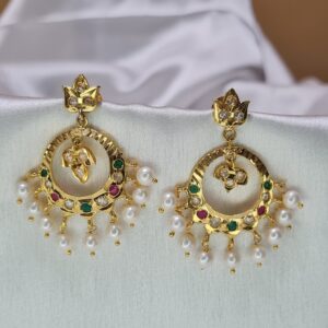 Dazzling Polki Chandbali Earrings Featuring SP Rubies Emeralds & White Pearl Droplets