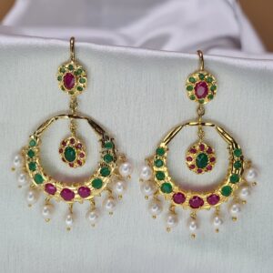 Glamorous Polki Chandbali Hook Earrings Featuring White Pearl Droplets