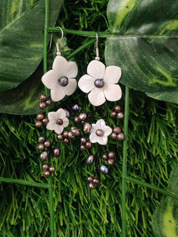 Stark Grey Pearl Hook Earrings Featuring Mother Of Pearl Flowers-1
