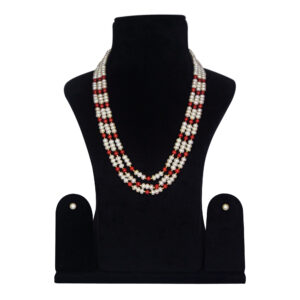 Opulent 5mm White Semi-Round Pearls 3 Line Necklace With Taiwanese Corals