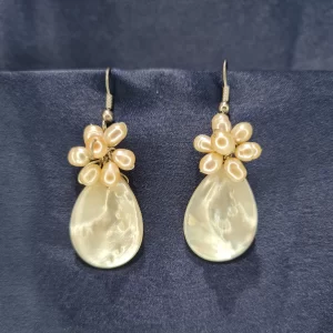 Peach Bunch Pearl Hook Earrings Featuring A White Mother Of Pearl Petal